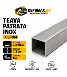 Teava patrata inox AISI 304, 30 x 30 x 1.2 mm, 6 metri